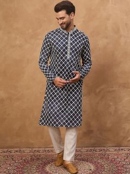 ETHNIC BAY - Men Blue Viscose Rayon Shibori Embroidered Straight Kurta with Pyjama