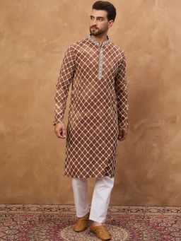 ETHNIC BAY - Men Brown Viscose Rayon Embroidered Straight Kurta with Pyjama