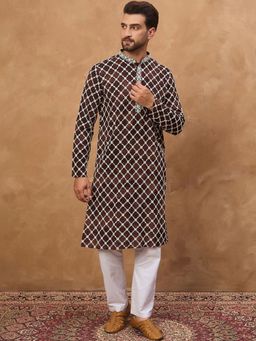 ETHNIC BAY - Men Brown Viscose Rayon Embroidered Straight Kurta with Pyjama