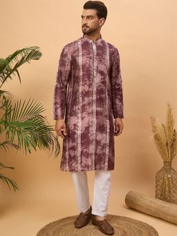 ETHNIC BAY - Men Burgundy Silk Blend Shibori Embroidered Straight Kurta with Pyjama