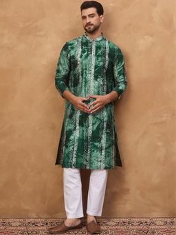 ETHNIC BAY - Men Green Silk Blend Shibori Embroidered Straight Kurta with Pyjama