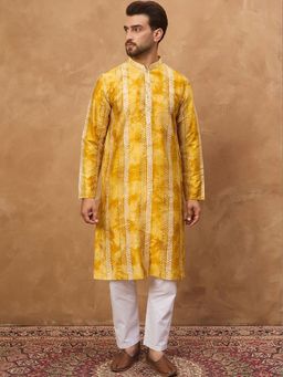 ETHNIC BAY - Men Yellow Silk Blend Shibori Embroidered Straight Kurta with Pyjama
