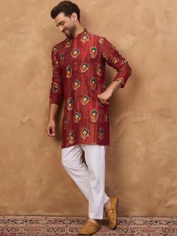 ETHNIC BAY - Men Red Viscose Rayon Ethnic Motifs Printed Straight Kurta with Pyjama