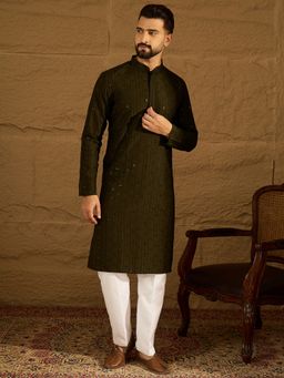 ETHNIC BAY - Men Olive Viscose Rayon Embroidered Straight Kurta with Pyjama