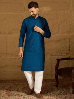 ETHNIC BAY - Men Blue Viscose Rayon Embroidered Straight Kurta with Pyjama
