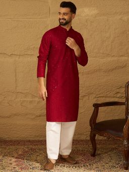 ETHNIC BAY - Men Maroon Viscose Rayon Embroidered Straight Kurta with Pyjama
