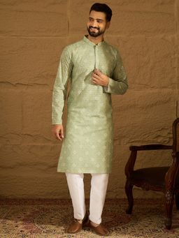 ETHNIC BAY - Men Green Viscose Rayon Bandhani Embroidered Straight Kurta with Pyjama