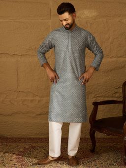 ETHNIC BAY - Men Grey Viscose Rayon Bandhani Embroidered Straight Kurta with Pyjama