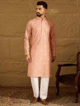 ETHNIC BAY - Men Peach Viscose Rayon Bandhani Embroidered Straight Kurta with Pyjama