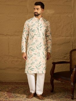ETHNIC BAY - Men White Viscose Rayon Floral Embroidered Straight Kurta with Pyjama