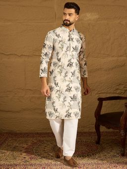 ETHNIC BAY - Men Off White Viscose Rayon Printed Straight Kurta with Pyjama