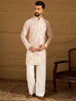 ETHNIC BAY - Men White Viscose Rayon Floral Embroidered Straight Kurta with Pyjama