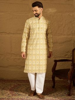 ETHNIC BAY - Men Yellow Viscose Rayon Printed Straight Kurta with Pyjama