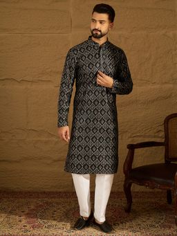 ETHNIC BAY - Men Black Viscose Rayon Printed Straight Kurta with Pyjama
