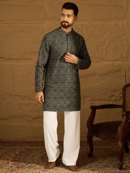 ETHNIC BAY - Men Navy Blue Viscose Rayon Printed Straight Kurta with Pyjama