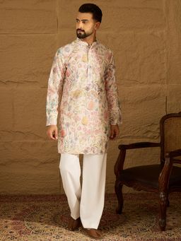 ETHNIC BAY - Men Off White Viscose Rayon Floral Printed Straight Kurta with Pyjama