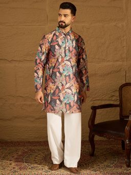 ETHNIC BAY - Men Grey Silk Blend Floral Printed Straight Kurta with Pyjama