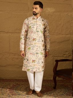 ETHNIC BAY - Men Cream Viscose Rayon Ethnic Motifs Printed Straight Kurta with Pyjama