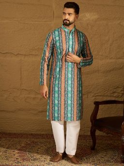 ETHNIC BAY - Men Blue Viscose Rayon Ethnic Motifs Printed Straight Kurta with Pyjama
