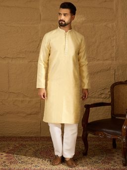 ETHNIC BAY - Men Beige Silk Blend Textured Straight Kurta with Pyjama