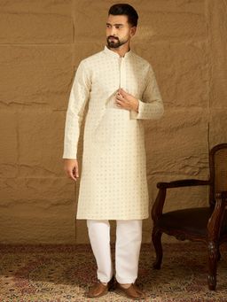 ETHNIC BAY - Men Off White Cotton Embroidered Straight Kurta with Pyjama