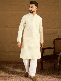 ETHNIC BAY - Men Off White Cotton Embroidered Straight Kurta with Pyjama