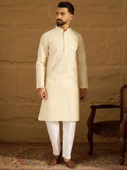 ETHNIC BAY - Men Off White Cotton Embroidered Straight Kurta with Pyjama