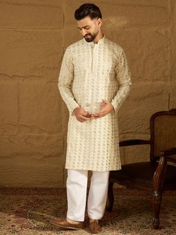 ETHNIC BAY - Men Off White Cotton Embroidered Straight Kurta with Pyjama