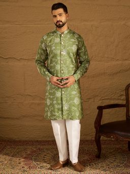 ETHNIC BAY - Men Olive Viscose Rayon Embroidered Straight Kurta with Pyjama