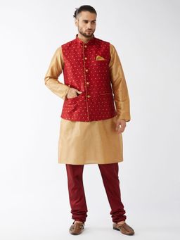 Vastramay - Men's Rose Gold And Maroon Silk Blend Jacket, Kurta And Pyjama Set (Set of 3)