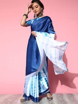 Odette - Women's Crepe Blue Printed Celebrity Saree with Unstitched Blouse