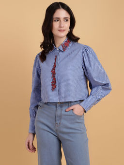 Sands of India - Blue Gingham Crop Shirt with Embroidery