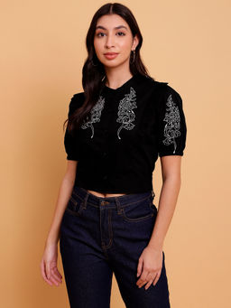 Sands of India - Black Cotton Poplin Crop Shirt with White Embroidery