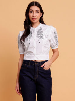 Sands of India - White Cotton Poplin Crop Shirt with Black Embroidery