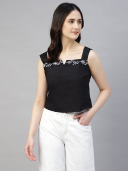 Sands of India - Black Poplin Embroidered Square Neck Top