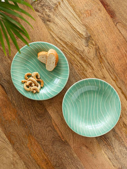 ExclusiveLane - Caribbean Green Hand Glazed Ceramic Pasta Bowls/Plates (Set of 2)