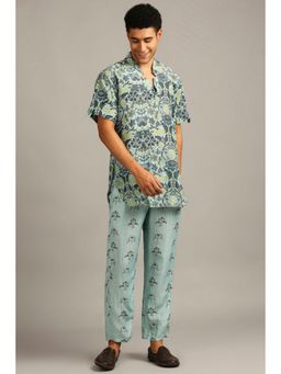 Soup by Sougat Paul - Mens Turquoise Mandarin Neck Floral Half Sleeves Top with Pant Co-Ord