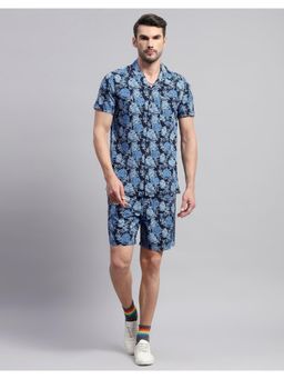 Monte Carlo - Men's Navy Blue Floral Printed Collared Neck Half Sleeve Regular Co-Ord (Set of 2)