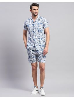 Monte Carlo - Men's Blue Printed Collared Neck Half Sleeve Regular Fit Co-Ord (Set of 2)