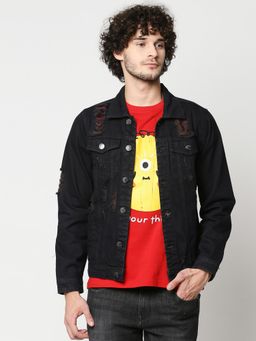 High Star - Spread Collar Self Design Crop Denim Jacket