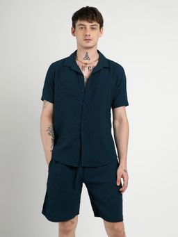 Campus Sutra - Men's Navy Blue Textured Intertwine Co-Ord (Set of 2)