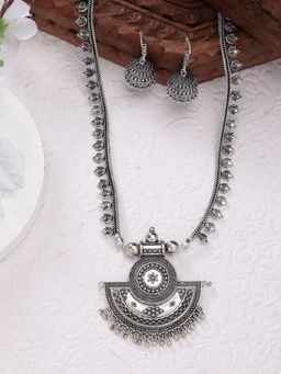 NVR - Women Silver Toned German Silver Oxidised Necklace with Jhumka Earrings