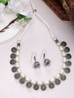 NVR - Women White Silver Plated Choke Oxidized Necklace with Jhumka Earrings