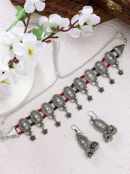 NVR - Women Silver Plated Oxidized Choker Necklace with Jhumka Earrings