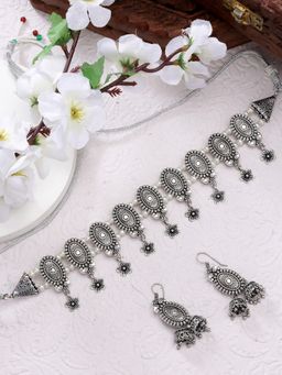 NVR - Women Silver Plated Oxidized Choker Necklace with Jhumka Earrings