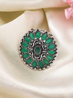NVR - Women Green Silver Plated Circular Shape Adjustable Finger Ring