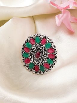 NVR - Women Multi Colour Silver Plated Circular Shape Adjustable Finger Ring