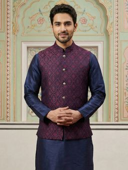 Jompers - Maroon Silk Blend Woven Nehru Jacket