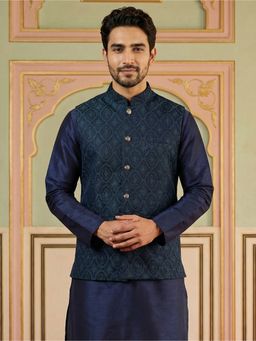 Jompers - Teal Silk Blend Woven Nehru Jacket