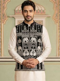 Jompers - Black Velvet Embroidered Nehru Jacket
